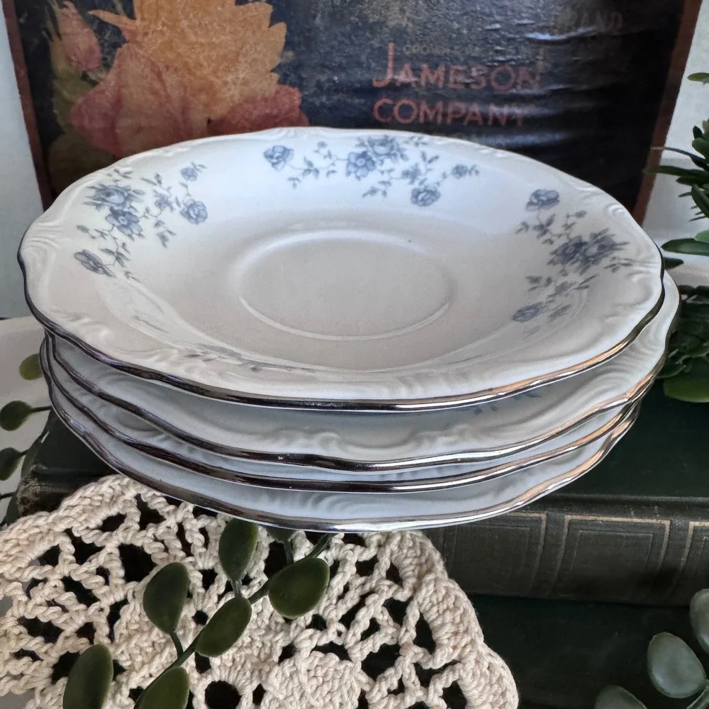 Johann Haviland Blue Garland Saucers Set of 4 Bavaria Germany Blue Rose Platinum